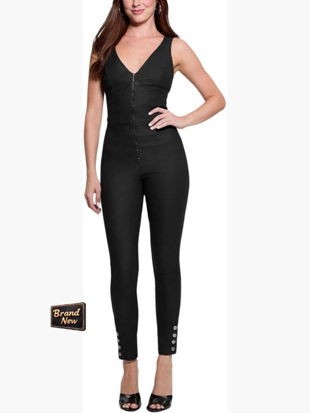 Sleeveless Denim Jumpsuit with V-Neck, Back Cutout, Ankle Snaps